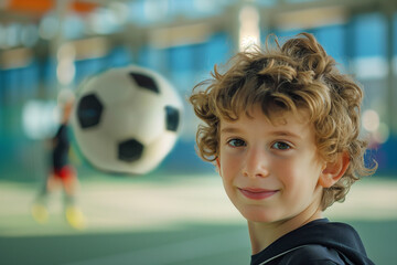 Photo of a handsome seven year old boy with a smile playing football in a modern sports school, development concept, advertising banner