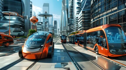 Poster - futuristic vehicles, including electric cars, buses, and trains, all designed for maximum energy efficiency and reduced emissions 
