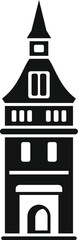 Poster - simple icon of a medieval town hall building with arched entrance, windows and a spire
