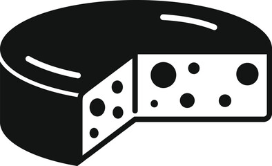 Poster - black and white icon of a round cheese wheel with a slice cut out, showing the texture and holes