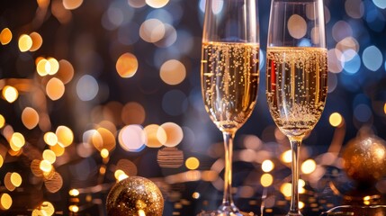 two glasses of sparkling champagne with festive bokeh lights in the background create a cheerful cel