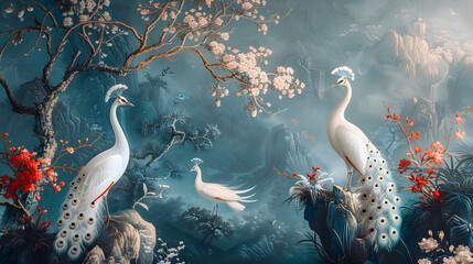 wallpaper with white peacock birds with trees plants and birds in a vintage style landscape blue background