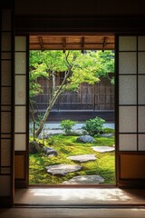 Wall Mural - A window in a traditional Japanese house, showcasing a peaceful Zen garden. 