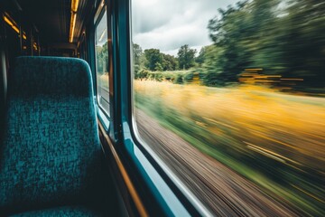 Wall Mural - A window on a train, capturing the blur of passing countryside landscapes. 