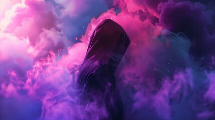 Poster - mysterious figure draped in dark cloak surrounded by colorful smoke at night