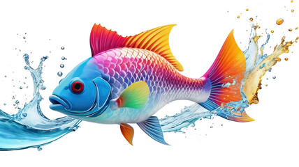 Brightly colored fish clip art leaping with water splash, transparent background.