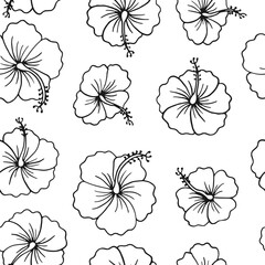 Wall Mural - Seamless pattern with hibiscus flower. Hand drawn vector illustration.