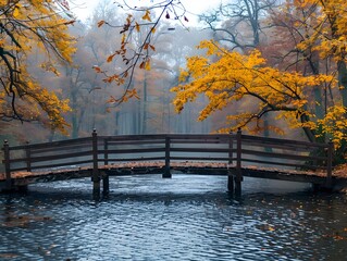 Wall Mural - Scenic Autumn Landscape with Wooden Bridge Over Tranquil River and Vibrant Fall Foliage