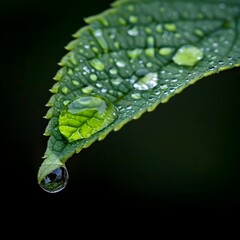 Poster - Closeup of Water Droplets on Green Leaf Reflecting Surroundings in Macro Photography Concept