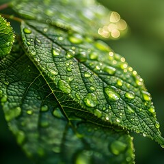 Poster - Captivating Macro View of Water Droplets Adorning a Vibrant Green Leaf