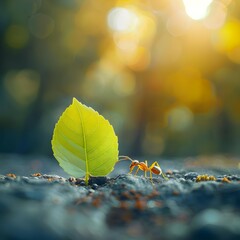 Canvas Print - Macro photo of an ant carrying a leaf detailed view of the insect macro photo concept copy space