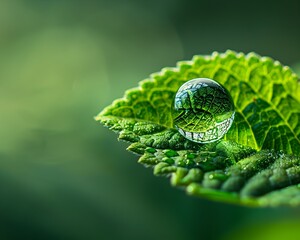 Poster - Macro Nature Moment   Reflective Water Droplet on Vibrant Green Leaf