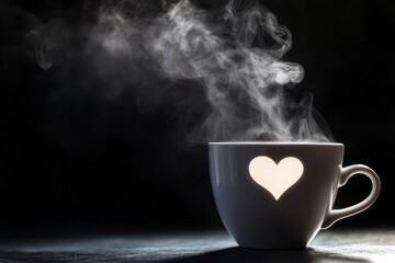 White coffee cup with smoke, and shadow from handle in heart form, isolated on black background, drink concept whit generative ai