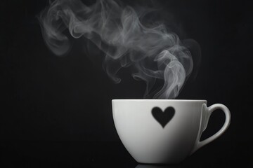 White coffee cup with smoke, and shadow from handle in heart form, isolated on black background, drink concept whit generative ai