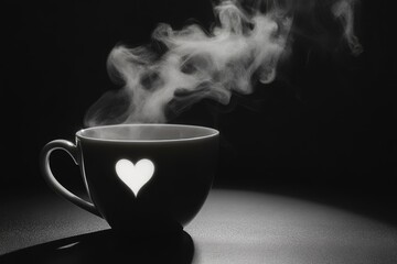 White coffee cup with smoke, and shadow from handle in heart form, isolated on black background, drink concept whit generative ai