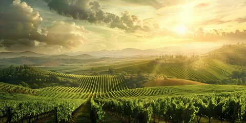 Sunset over vineyards, picturesque vineyard landscape, symbolizing agriculture and wine production,