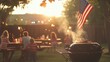 © keetazalay - An intimate backyard barbecue on Labor Day weekend, with a family gathered around a sizzling grill, surrounded by picnic tables adorned with red, white, and blue decorations, children playing with