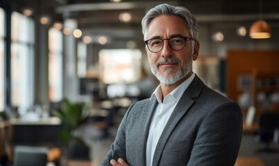 confident middle-aged businessman standing in modern office: professional success portrait for corpo