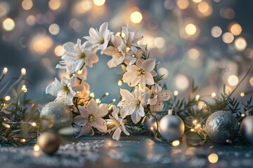 Delicate white flowers form the shape of '2025' surrounded by twinkling fairy lights and festive ornaments, creating a magical atmosphere. Perfect for a New Year's Eve celebration or special occasion.