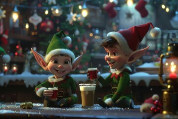 an animated scene showing a joyful group of christmas elves celebrating egg nog day with festive dec