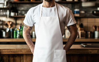 Wall Mural - Chef kitchen apron. Chef cook in a uniform, kitchen apron, wearing protective apparel, culinary environment, food service setting, chef in kitchen interior, apron mock-up. Realistic style photo