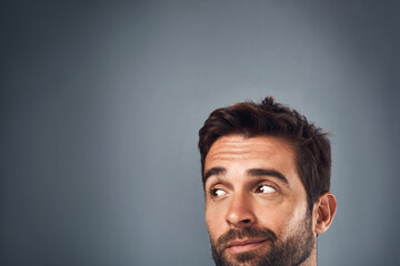 Aufkleber - Happy man, eyes and thinking with choice on mockup space for notification in studio on a gray background. Face of handsome male person or model in wonder or thought for question, solution or ideas
