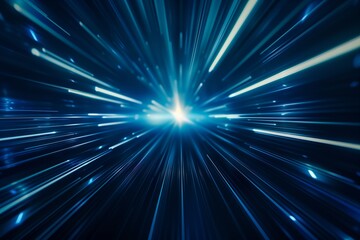 Poster - Abstract blue light speed background with white rays and glow effect. High-speed motion blur effect.