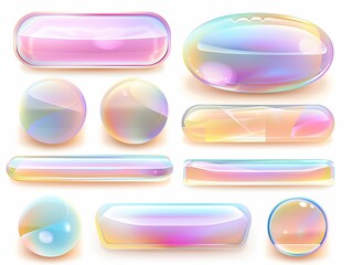 Poster - Set of realistic pastel rainbow gradient glass buttons, bubbles and rectangle shapes on white background.