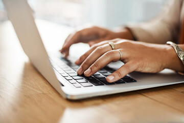 Poster - Desk, laptop and hands of person for research, business article and news typing for publication in office. Technology, connection and digital of content writer for online blog, review and information