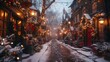 © MIKHAIL - Picturesque street with old english architecture is decorated for christmas with snow covering the ground and christmas lights strung across the street