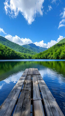 Peaceful lakeside retreat amidst lush forest with mountain backdrop and serene reflections