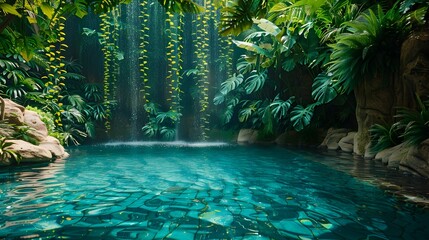 Canvas Print - Lush Tropical Jungle with Hidden Waterfall Pool and Hanging Vines Enchanting Nature Landscape Concept