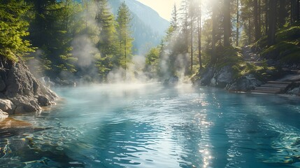 Canvas Print - Serene Mountain Retreat with Steaming Hot Springs Nestled in Lush Forest Landscape