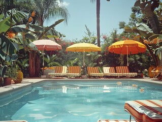 Colorful Retro Inspired Pool Oasis with Vintage Umbrellas and Striped Lounge Chairs