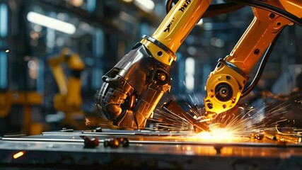 Poster - robotic arms expertly execute precision welding, creating sparks in a busy industrial plant filled w