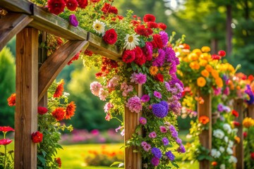 Wall Mural - Vibrant colorful flowers in full bloom cascade down a wooden trellis or arbor, creating a stunning floral display against a blurred green natural background.