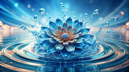 Poster - Vibrant blue water splash forms an elegant floral design, surrounded by subtle ripples, creating a mesmerizing abstract pattern perfect for poster cards and digital decor.