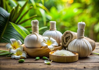 Soothing Thai spa ambiance with herbal compress balls, flowers, and serene treatment setup, evoking relaxation, rejuvenation, and holistic wellness in a tranquil setting.