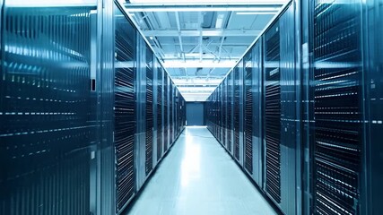 Poster - Modern data center showcasing rows of servers with blue lighting, highlighting the technology and infrastructure of digital storage and processing.