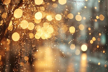 Soft bokeh street view with sparkling gold lights