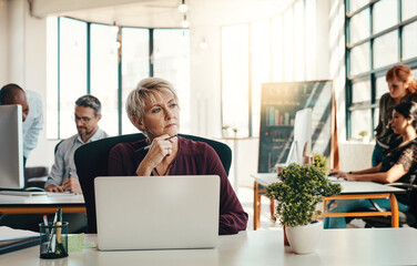 Aufkleber - Mature woman, journalist and thinking with laptop for web design, ideas or improvement at office. Creative senior, female person or designer in wonder for content creation, online service or startup