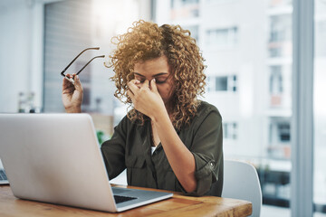 Poster - Business woman, headache and office laptop with burnout and stress from writer project with issue. Brain fog, employee and anxiety from work deadline and tired from creative problem with eye strain