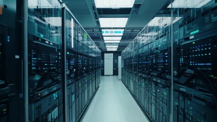 Poster - Rows of server racks and network devices in a well-lit data center are lined up, showcasing advanced technology and efficient organization.