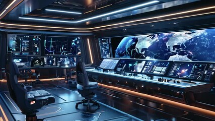 Poster - An advanced control room showcases high-tech monitors and equipment displaying global data, illuminated by sleek blue lighting in a futuristic design