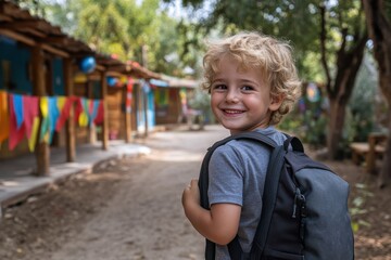 A happy child with a backpack is depicted in an outdoor setting, showing their readiness to learn and explore, symbolizing curiosity, adventure, and a love for education.