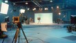 © MIKHAIL - Professional movie cameras are standing on tripods in a tv studio, illuminating a blue stage with a cyclorama. The studio is ready for filming