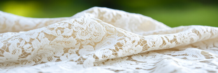 Wall Mural - Delicate ivory lace fabric close-up, perfect for wedding dresses and elegant fashion creations