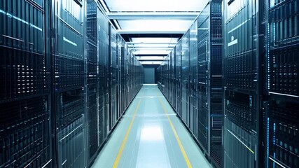 Wall Mural - Rows of servers in a high-tech data center illuminated by bright lights, showcasing a silent hub of digital activity.