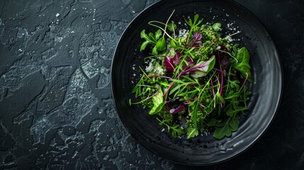 Wall Mural - Fresh green salad in black ceramic bowl on dark textured table. Healthy meal concept. Perfect for food blogs, dietary recipes, cooking websites. 