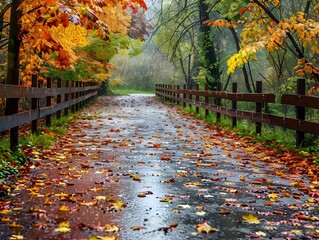 Canvas Print - Colorful Autumn Forest Path with Wooden Bridge and Rain Soaked Leaves